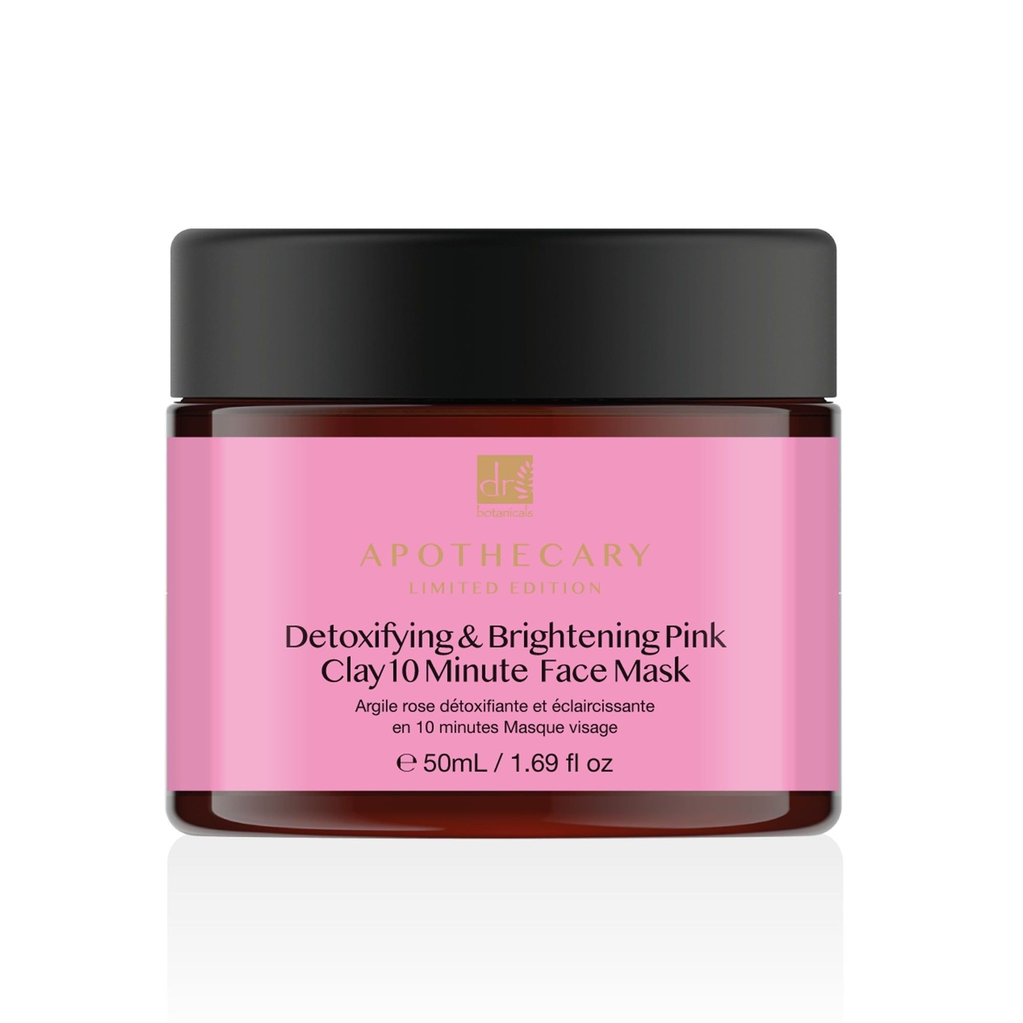Tiegel mit rosa Etikett. Aufschrift: Detoxifying & Brightening Pink Clay 10 Minute Face Mask. Schwarzer Deckel. Braunes Glas.