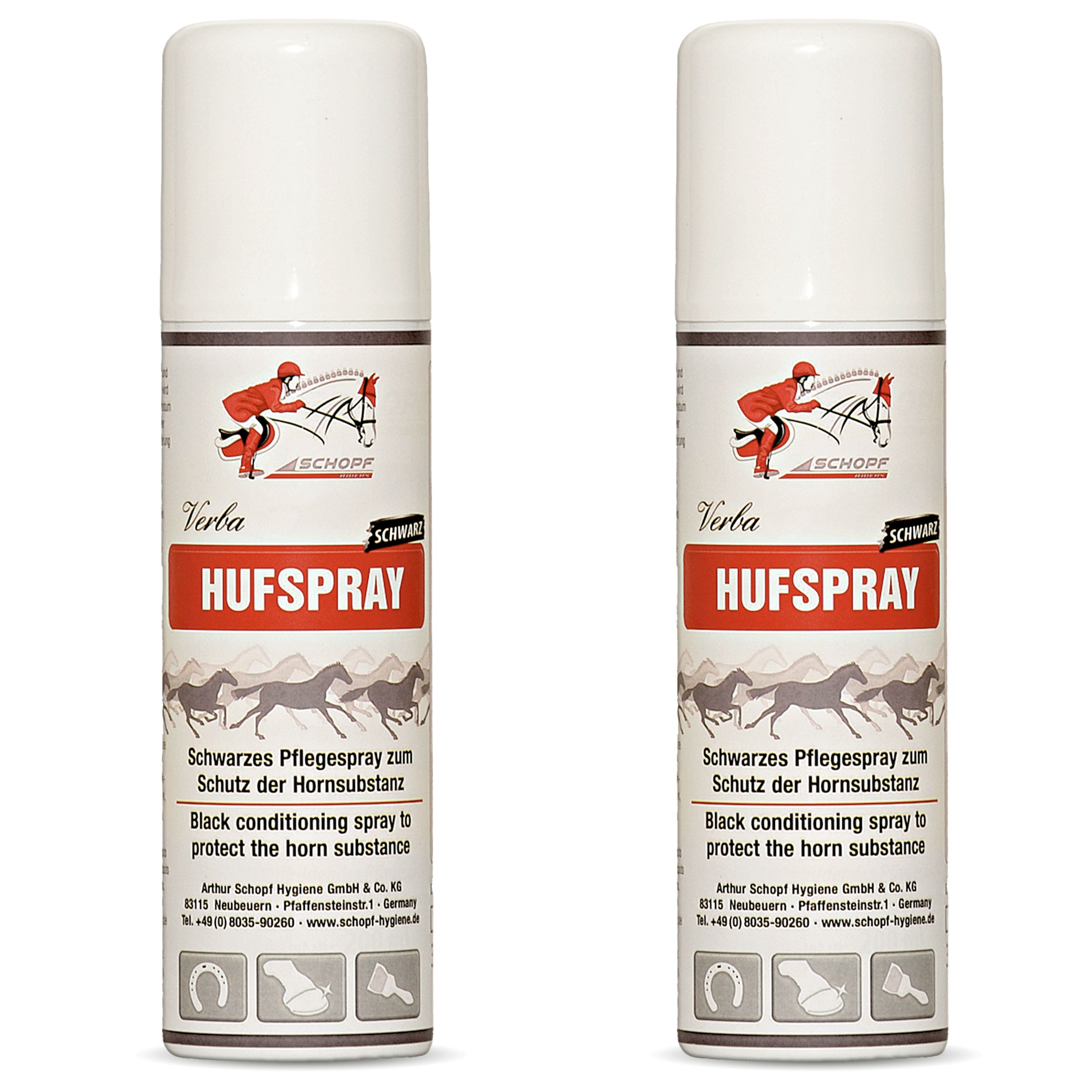 Zwei Dosen Hufspray. Weiße Dosen mit rotem Etikett, Text: Hufspray, Schwarzes Pflegespray zum Schutz der Hornsubstanz.
