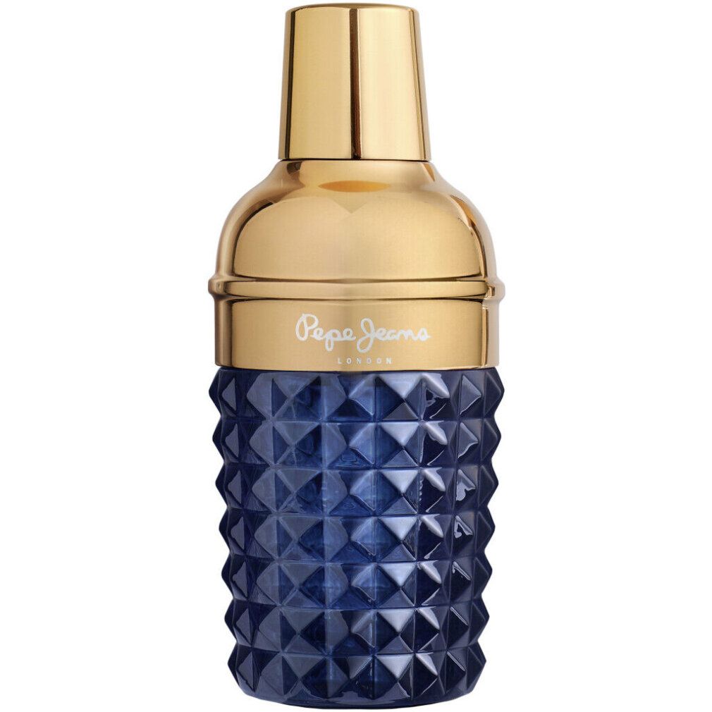 Pepe Jeans Celebrate For Him Eau de Parfum Flakon. Dunkelblauer, facettierter Flakon mit goldenem Verschluss.