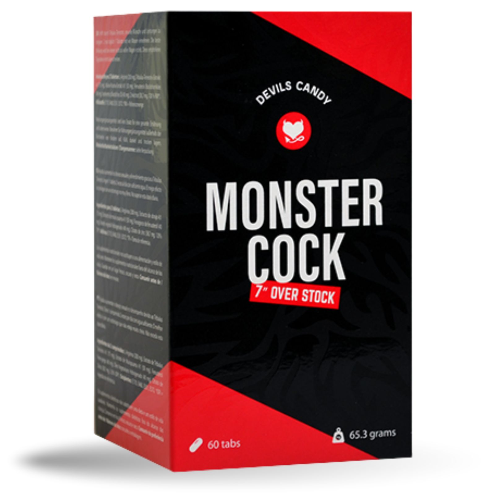 Schwarze und rote Schachtel. Aufschrift: MONSTER COCK. Enthält 60 Tabletten.
