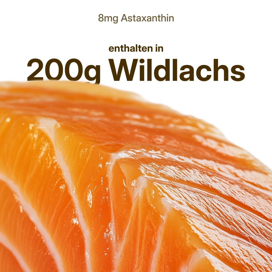 Nahaufnahme von Lachsfilet. Text: 8mg Astaxanthin enthalten in 200g Wildlachs.