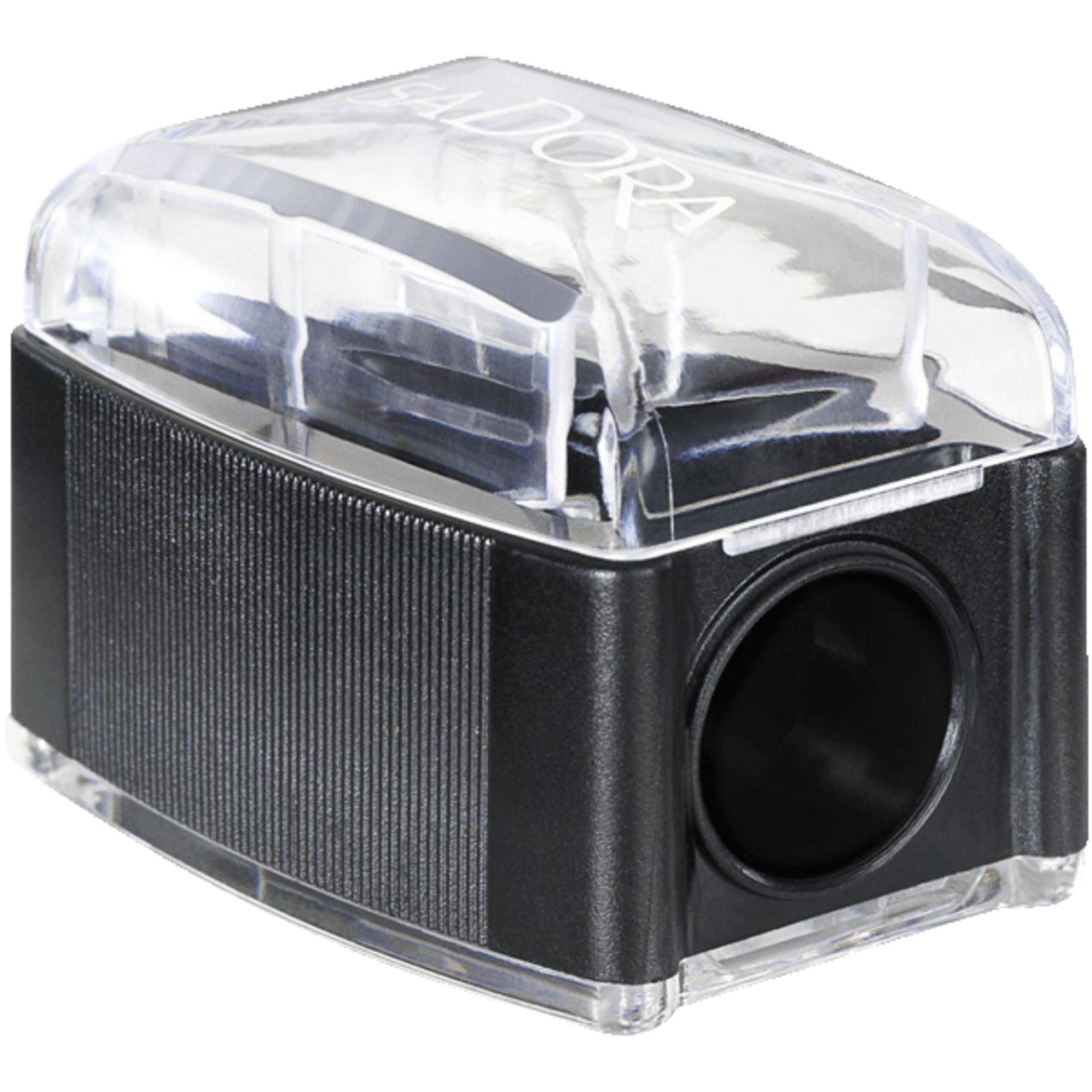 Schwarzer IsaDora-Anspitzer mit transparentem Deckel. Vertikale Rillen an der Seite. Markenname oben auf dem Deckel.