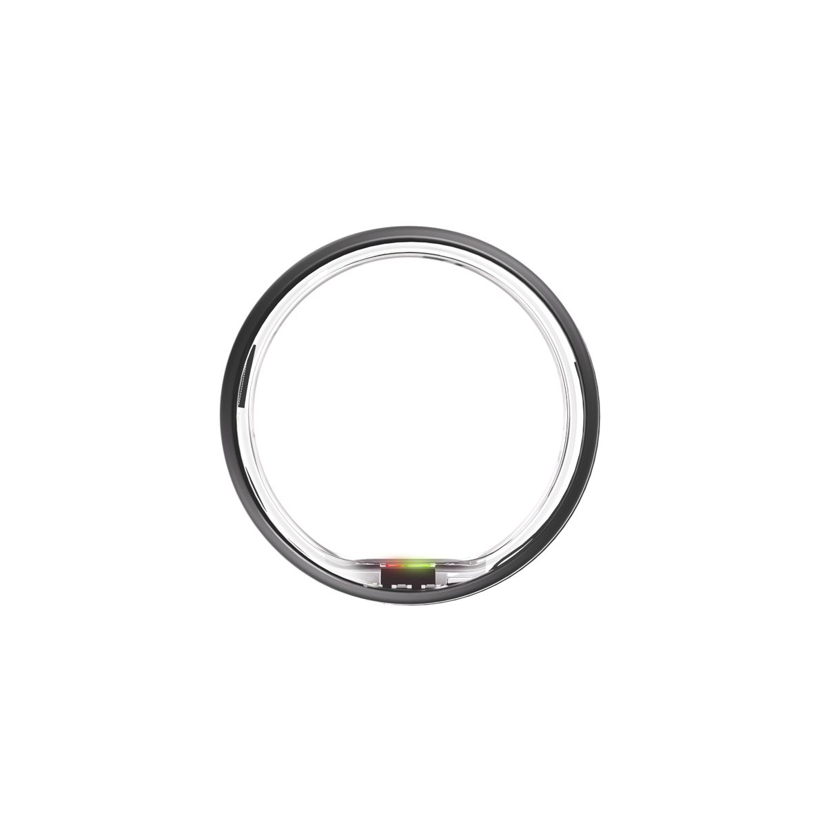 Mattschwarzer Ring mit Innenleben. Sichtbare elektronische Komponenten und farbige LEDs. Kreisförmige Form.