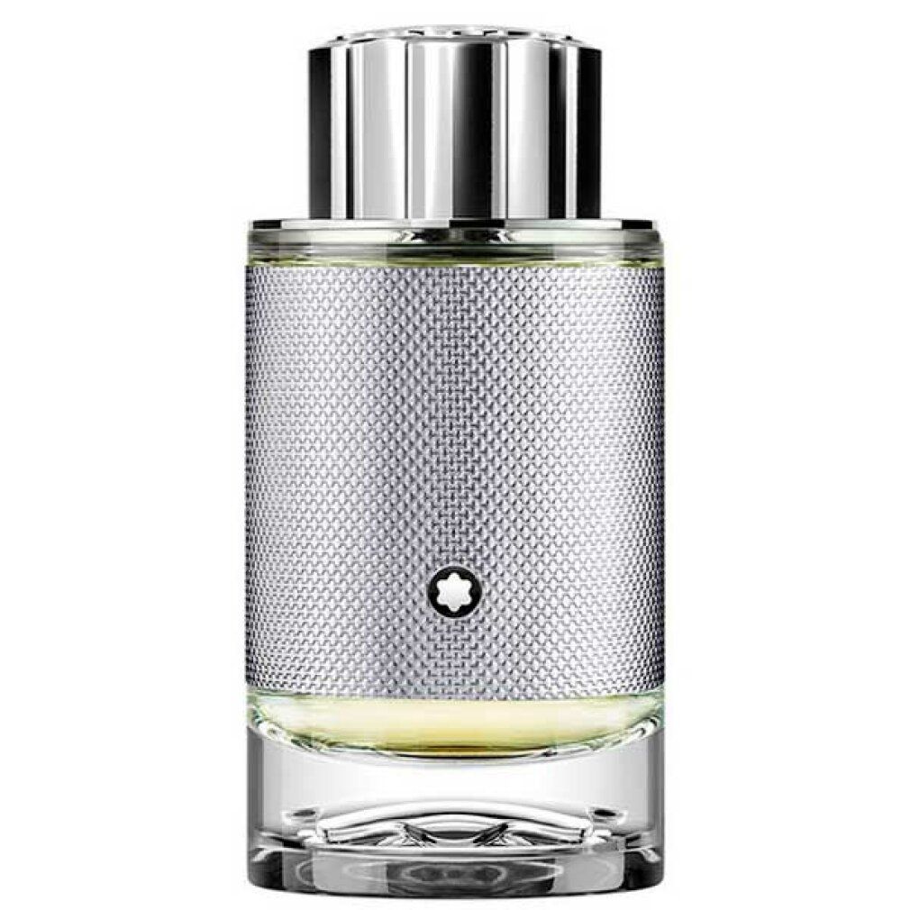 Montblanc Explorer Platinum Eau de Parfum Flakon und Verpackung. Silberne Textur, Logo.