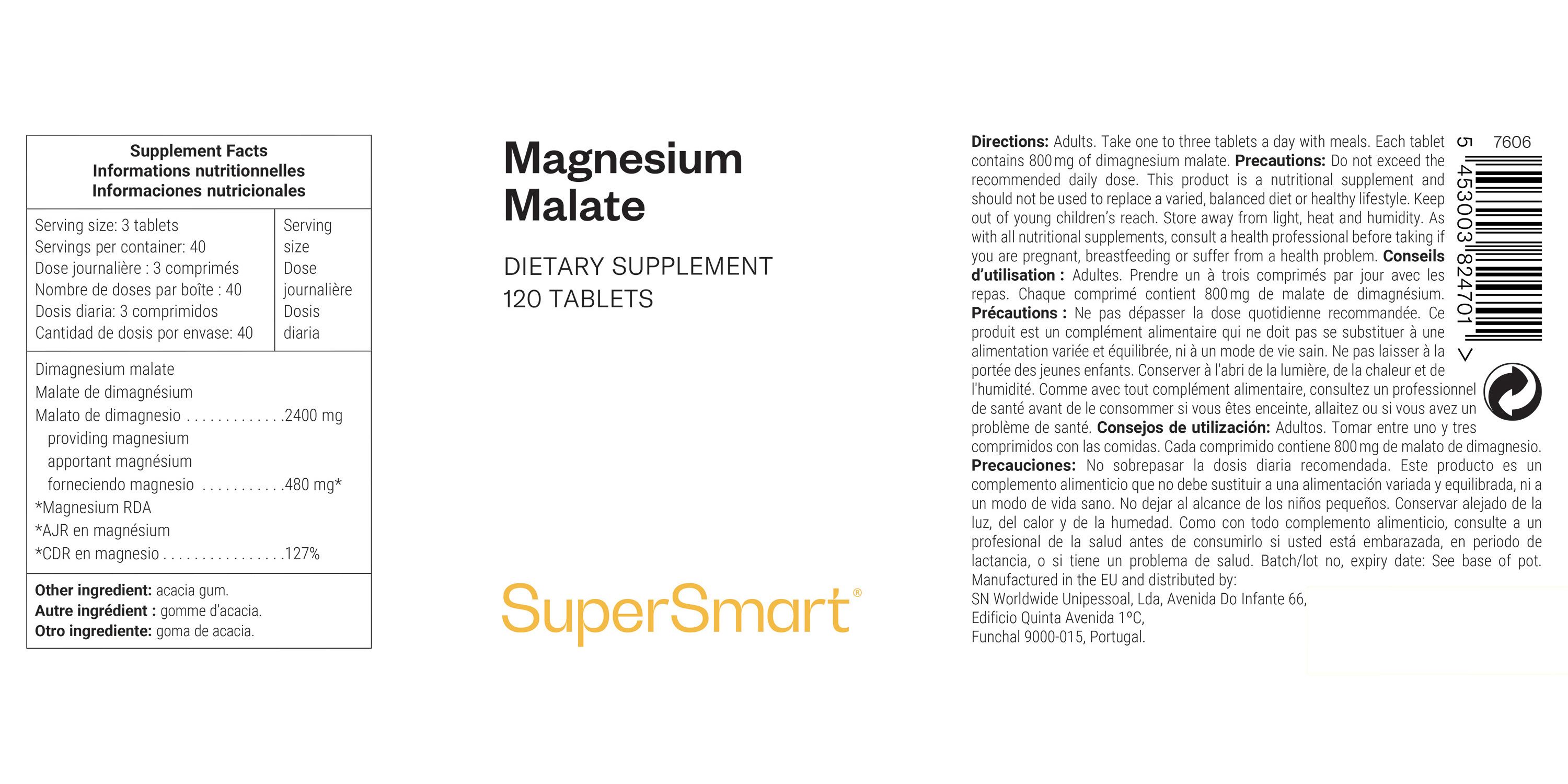 Etikett mit Informationen zu Magnesium Malate. Enthält Nährwertangaben und SuperSmart-Logo.