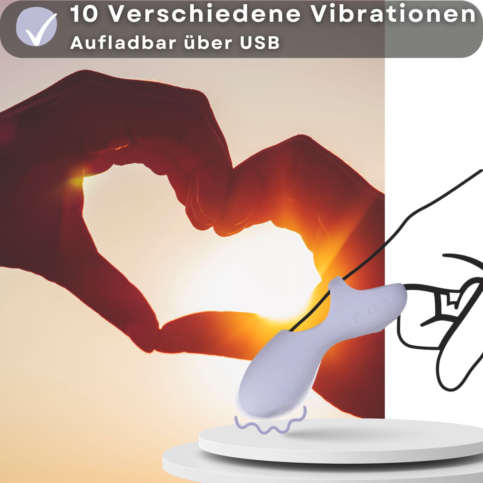 Lila Vibrator. 10 Vibrationen, USB-aufladbar. Hand mit Vibrator auf Podest. Zeichnung.