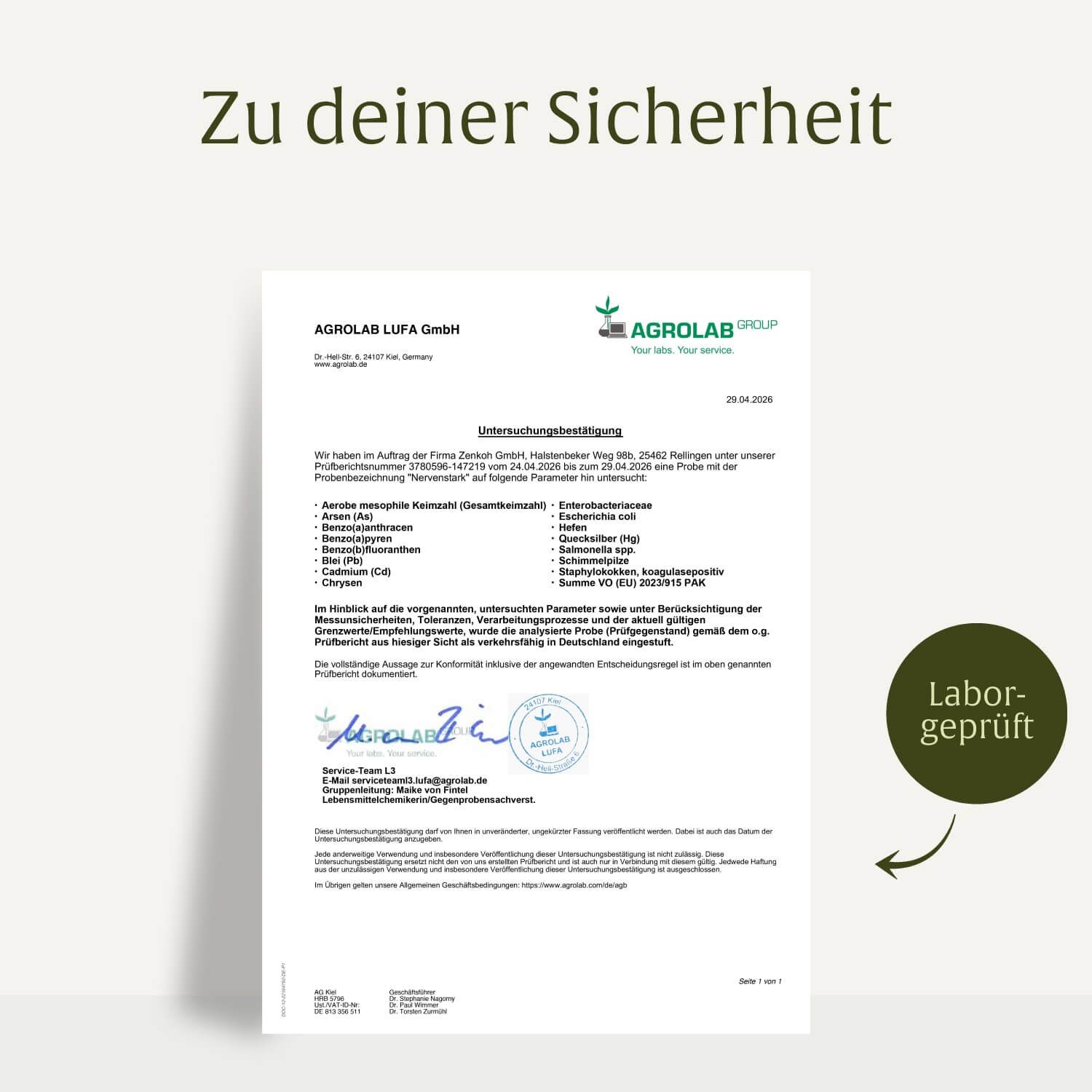 Laborprüfzertifikat für Naturtreu Nerven stark Vitamin B-Komplex, mit Siegel und Unterschrift.