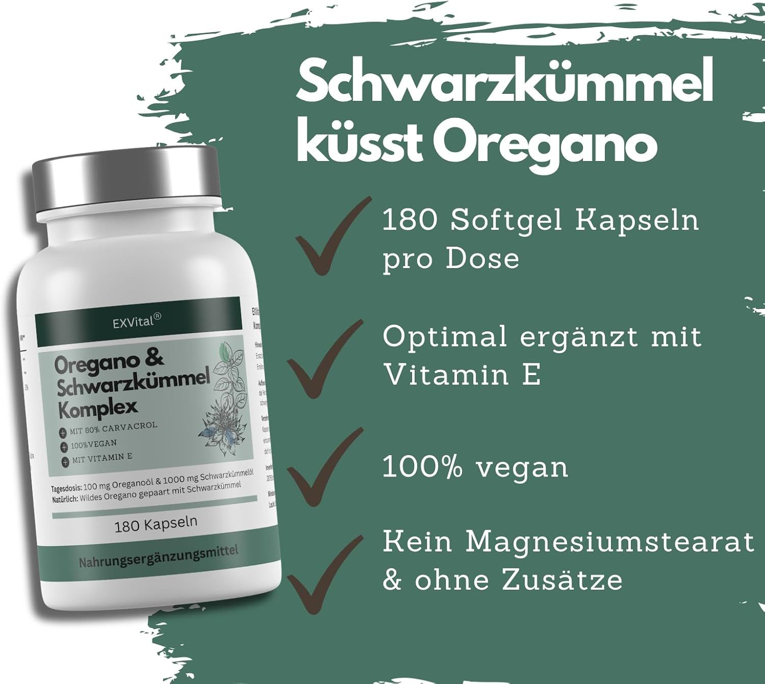 Flasche mit Kapseln und Text auf grünem Hintergrund. Text: 180 Softgel Kapseln, optimal mit Vitamin E, 100% vegan.