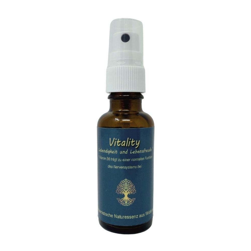 Braune Sprühflasche mit blauem Etikett und weißem Pumpspender. Enthält Vitality-Essenz.