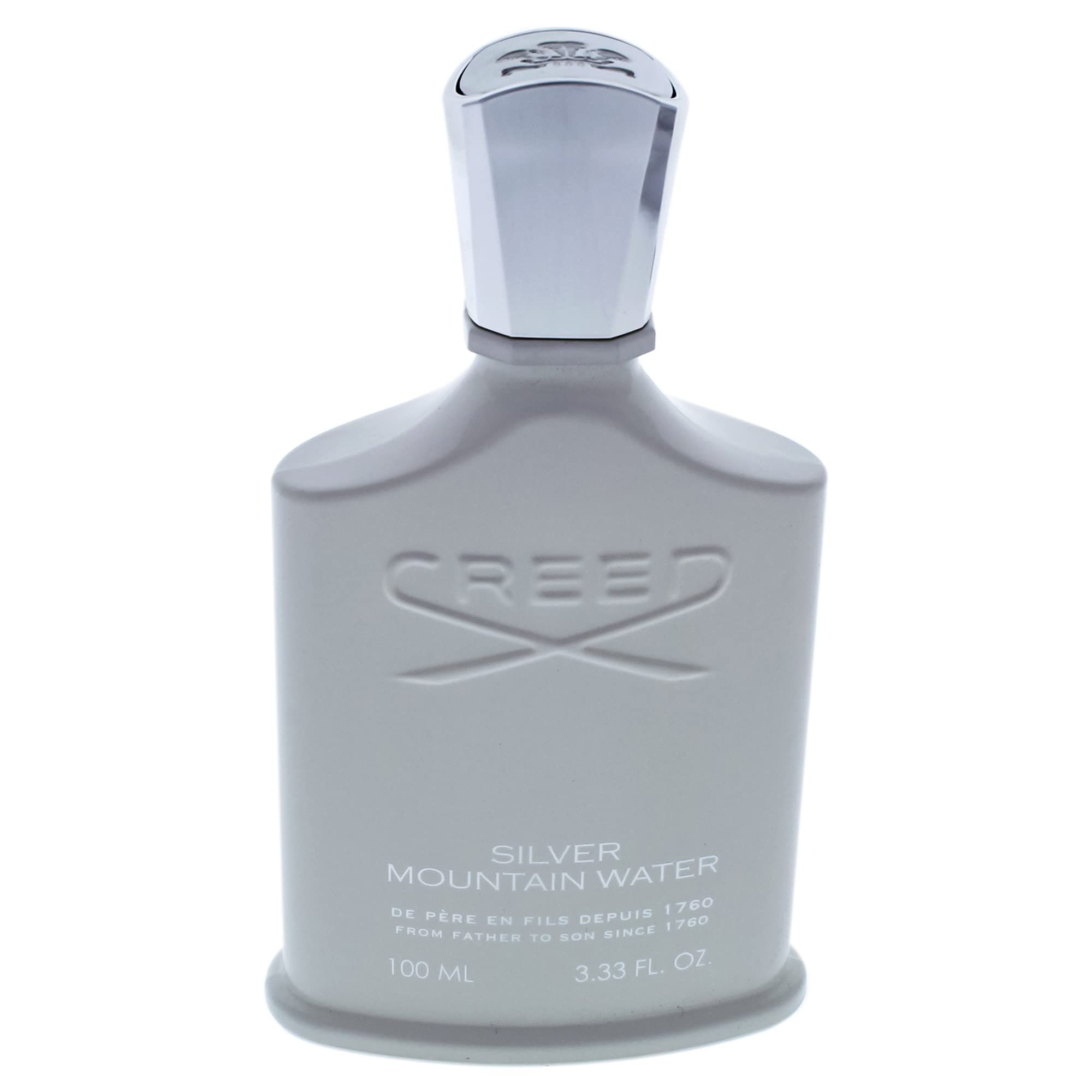 Graue Parfumflasche. Aufschrift: Creed Silver Mountain Water. Flasche mit silbernem Verschluss.