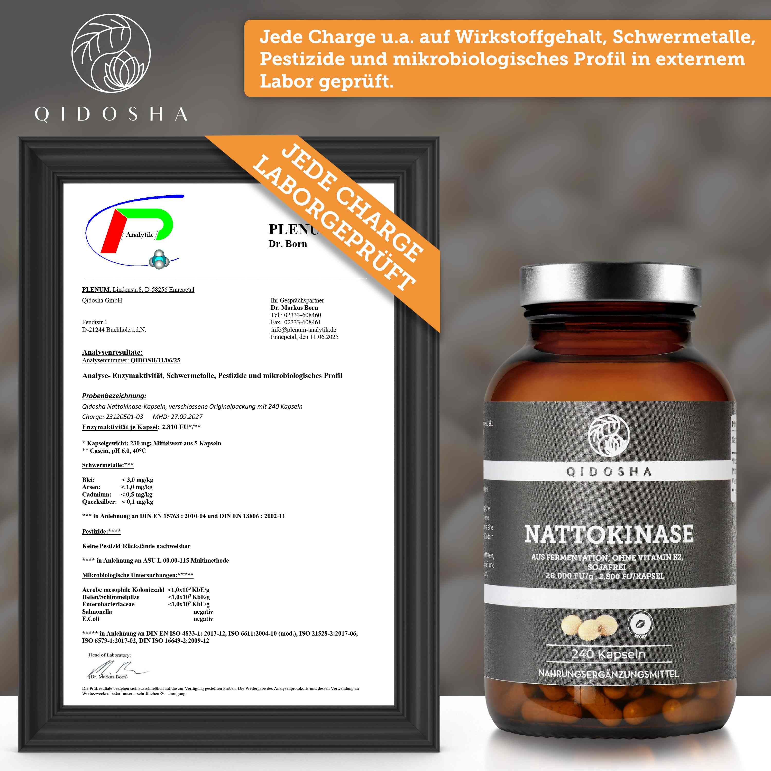 QIDOSHA Nattokinase: Gerahmtes Laborzertifikat. Daneben: Braunglasflasche mit 240 Kapseln und Sojabohnen-Symbolen.