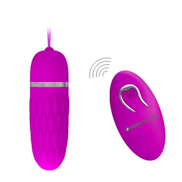 Pinkfarbener Vibrator und Fernbedienung. Der Vibrator hat eine geriffelte Oberfläche und einen silbernen Ring. Funkwellen-Symbol.