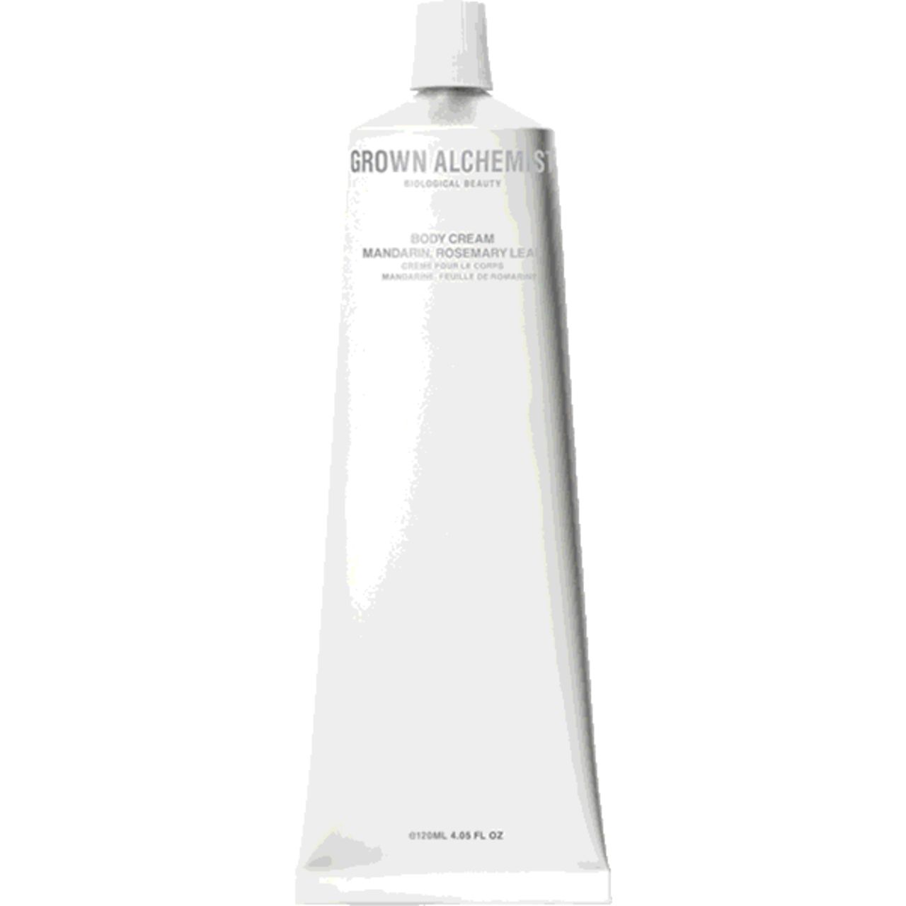 Weiße Tube mit Schriftzug 'Grown Alchemist'. Produktbezeichnung 'Body Cream Mandarin & Rosemary Leaf'.