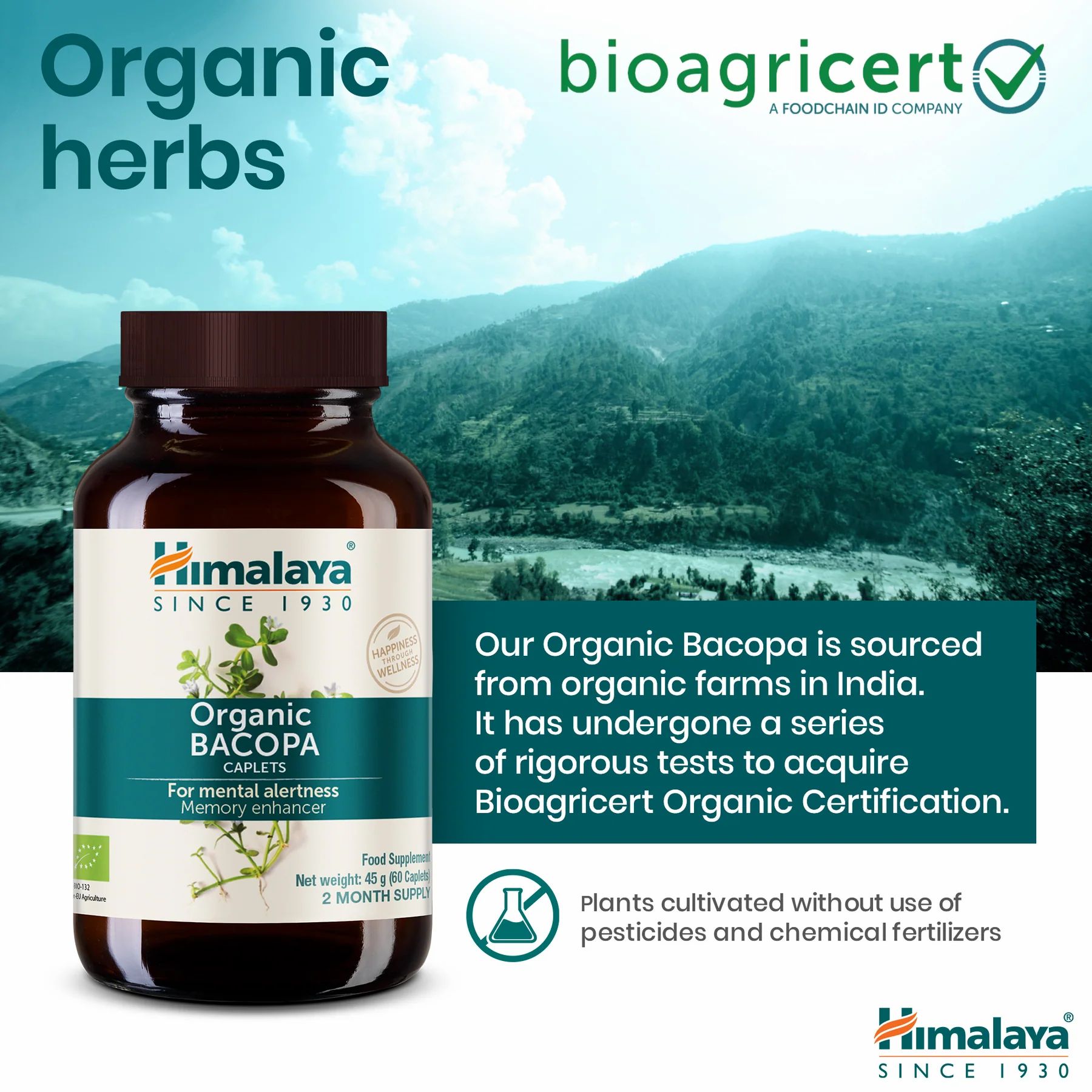 Himalaya Bio-Bacopa-Flasche vor Landschaft. Text: Organic Bacopa. Bioagricert-Zertifizierung. Anbau ohne Pestizide.