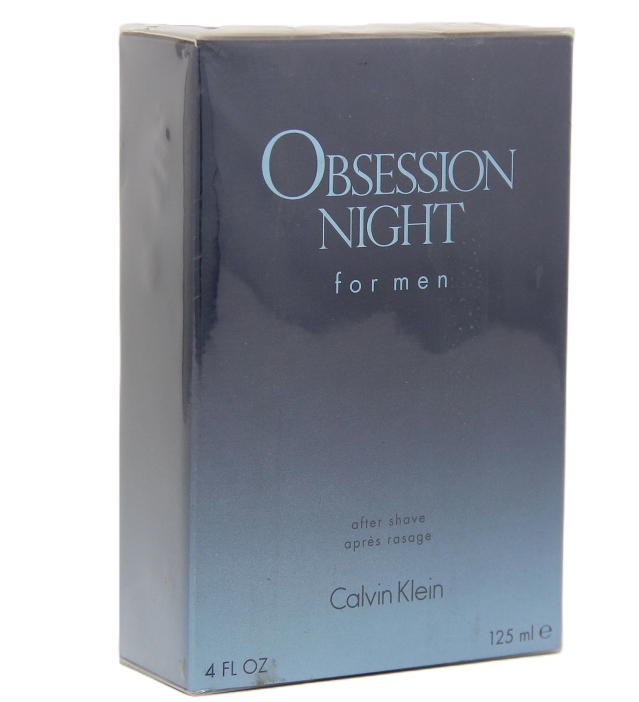 Verpackung von Calvin Klein Obsession Night After Shave for Men. Dunkelblau mit Produktnamen und Marke. 125 ml.