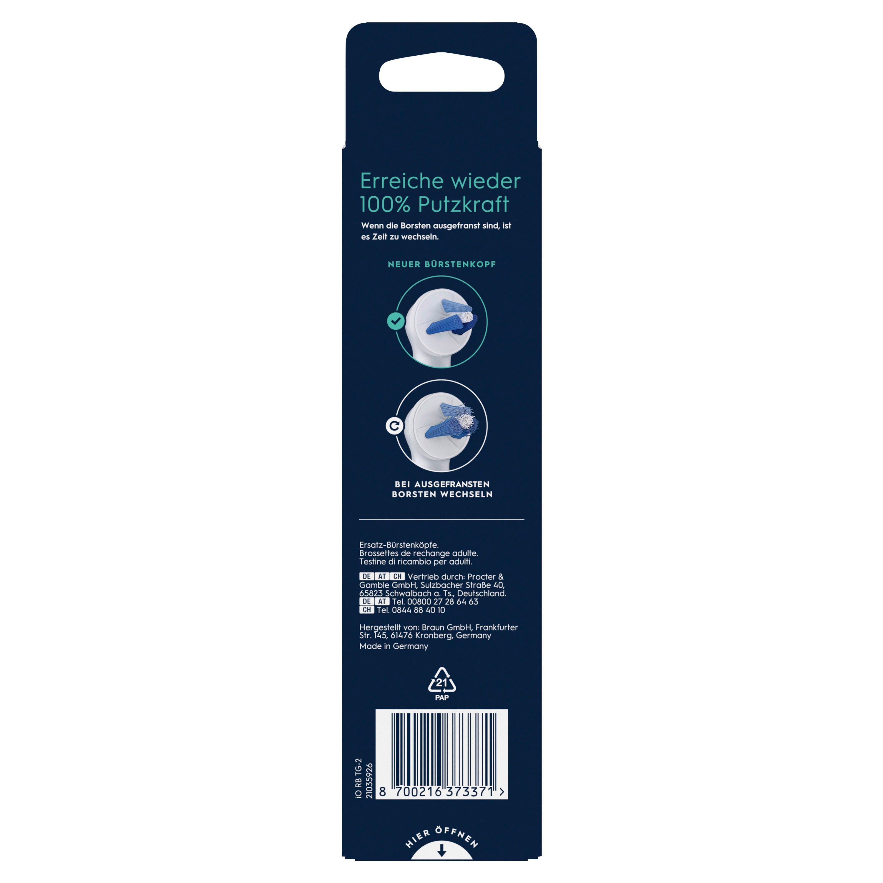 Rückseite der Verpackung. Text: Erreiche wieder 100% Putzkraft. Illustrationen. Barcode. Oral-B Logo. Schwarzer Hintergrund.