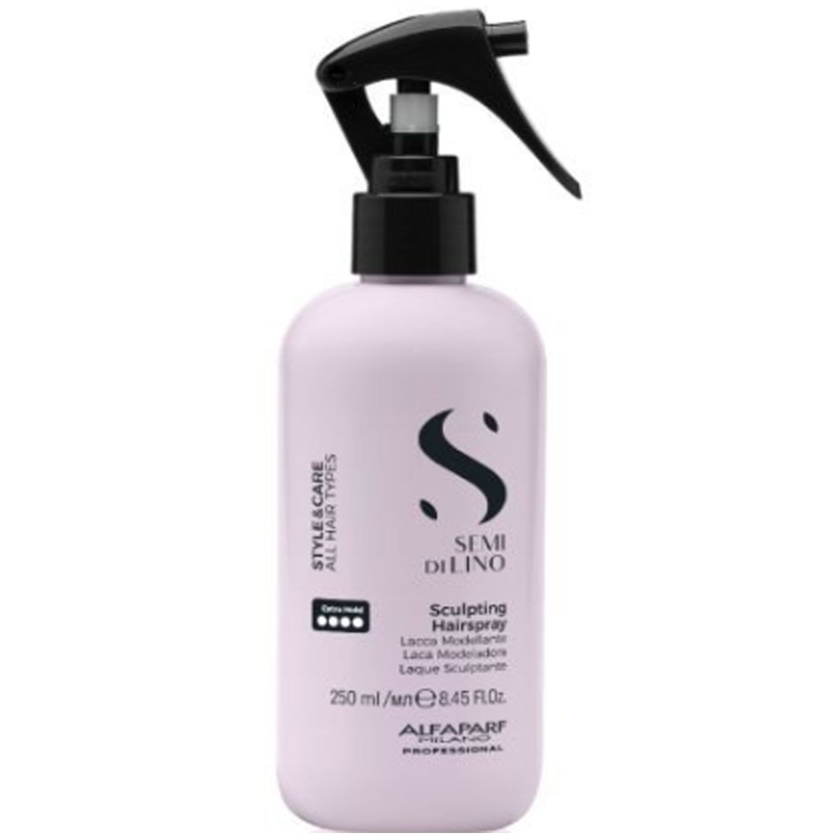 Alfaparf Semi di Lino Sculpting Hairspray in einer hellrosa Sprühflasche mit schwarzem Sprühkopf. 250 ml.
