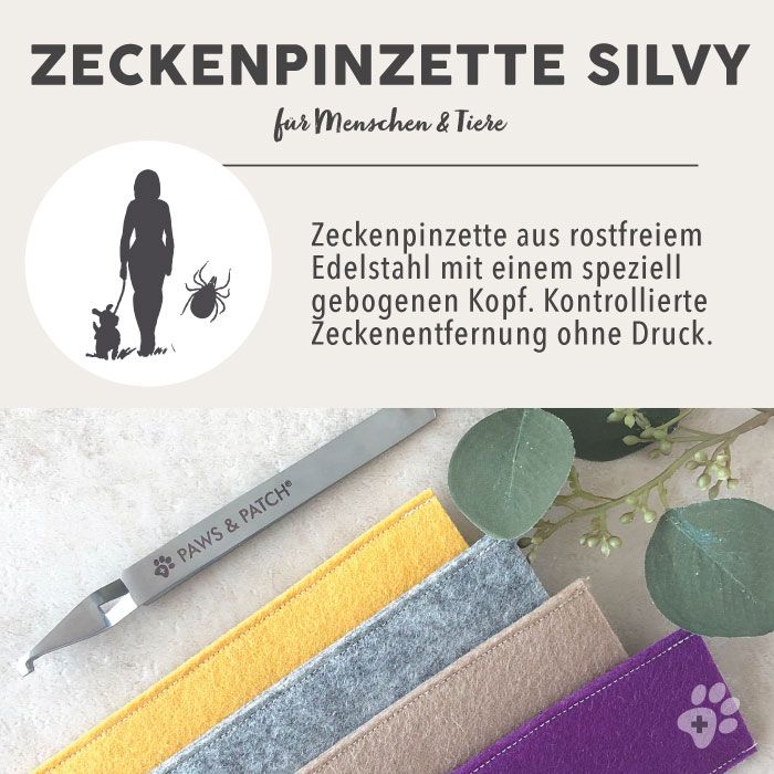 Zeckenpinzette SILVY aus Edelstahl mit gebogenem Kopf. Etui aus Filz in Gelb, Grau, Beige und Lila. Marke PAWS&PATCH.