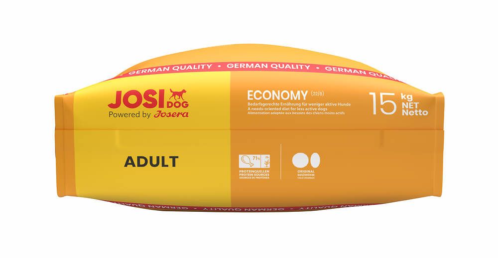 Seitenansicht eines JosiDog Economy Hundefutter-Sacks, 15 kg Netto.