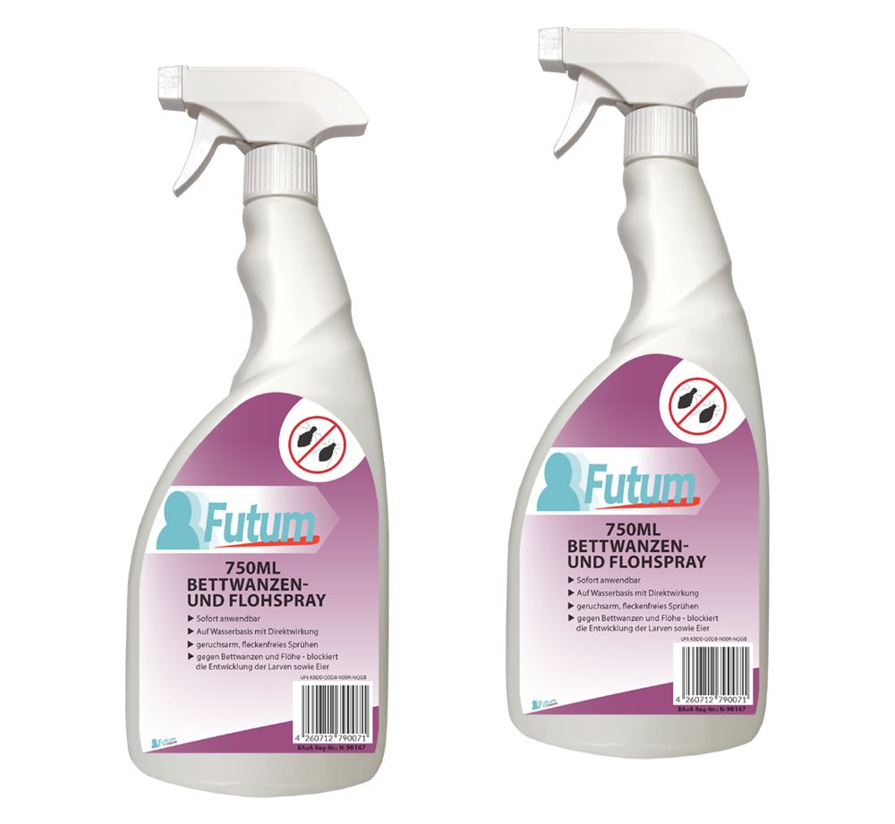Zwei weiße Sprühflaschen mit dem Logo "FUTUM" und Text "750ml BETTWANZEN- UND FLOHSPRAY".