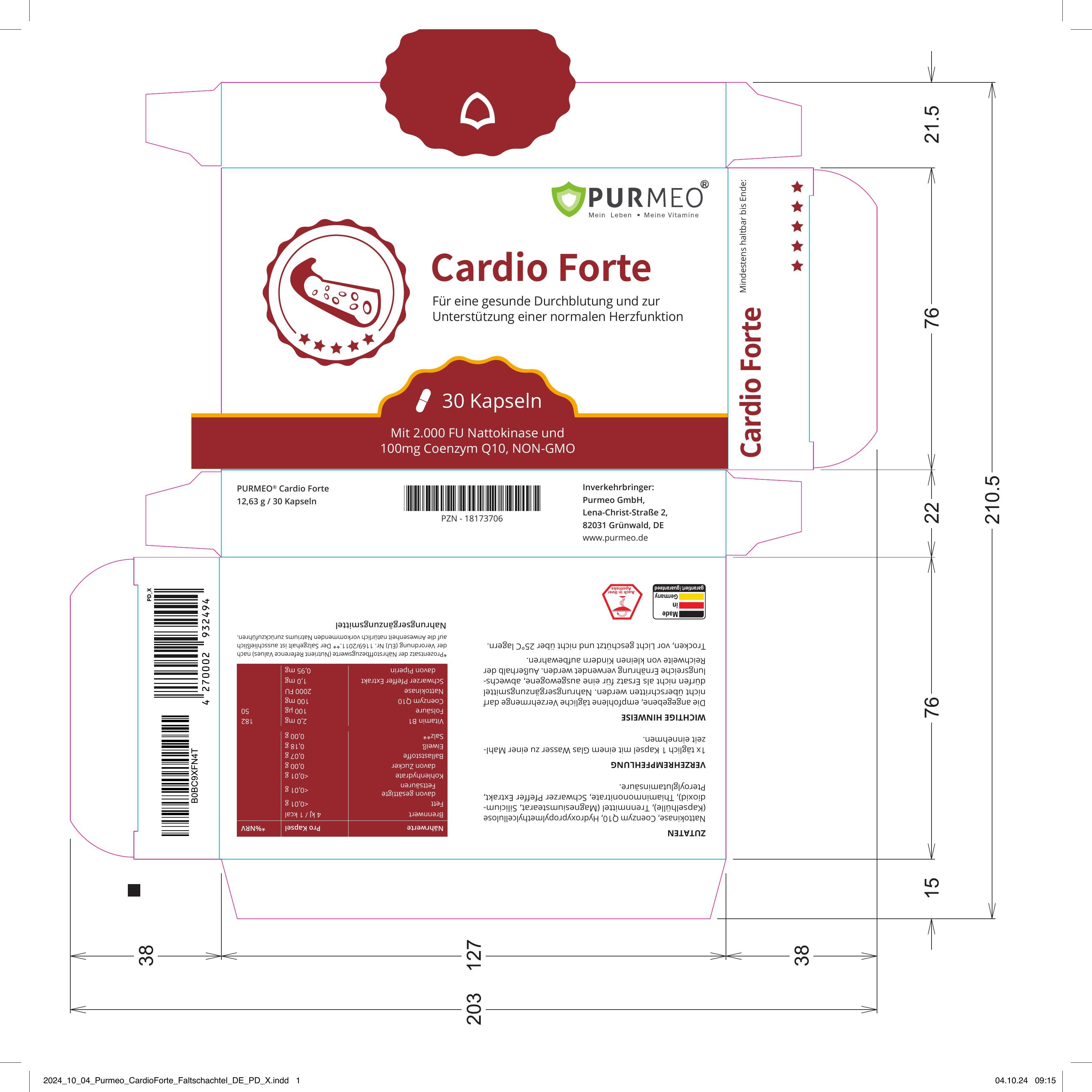 Verpackung von PURMEO Cardio Forte. Abmessungen und Text in deutscher Sprache. Enthält Informationen zu den Inhaltsstoffen und Dosierung.