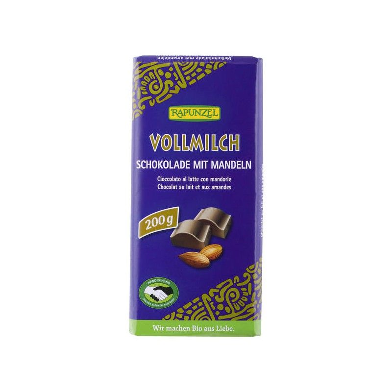 Blau-grüne Verpackung mit "RAPUNZEL VOLLMILCH SCHOKOLADE MIT MANDELN". 200g Tafel. Abbildung von Schokoladenstücken und Mandeln.