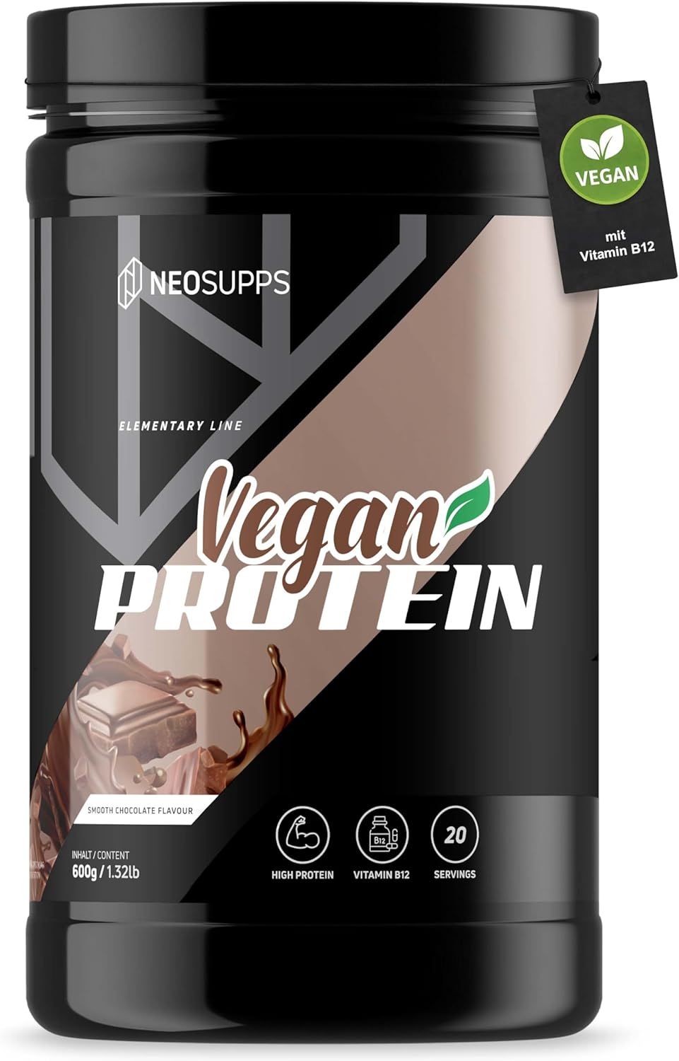 Dose Vegan Protein. Aufschrift: Neosupps, Vegan Protein, Smooth Chocolate Flavour. Enthält Vitamin B12. 600g/1.32lb.