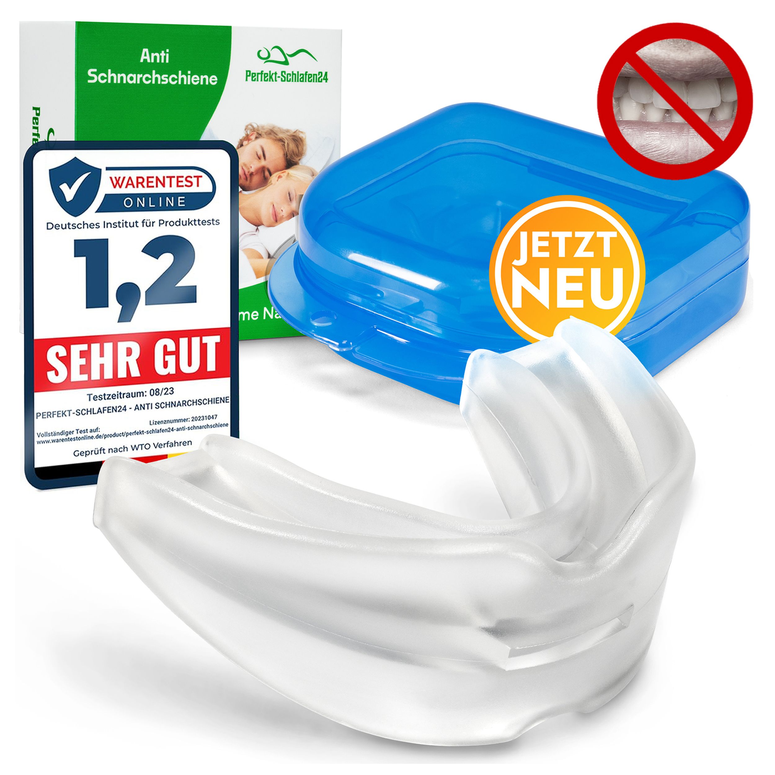 Mundschiene, blaue Box, Verpackung. Zertifizierung 1,2 Sehr Gut. Text: Anti Schnarchschiene. Jetzt neu. Deutsches Institut für Produkt Tests.