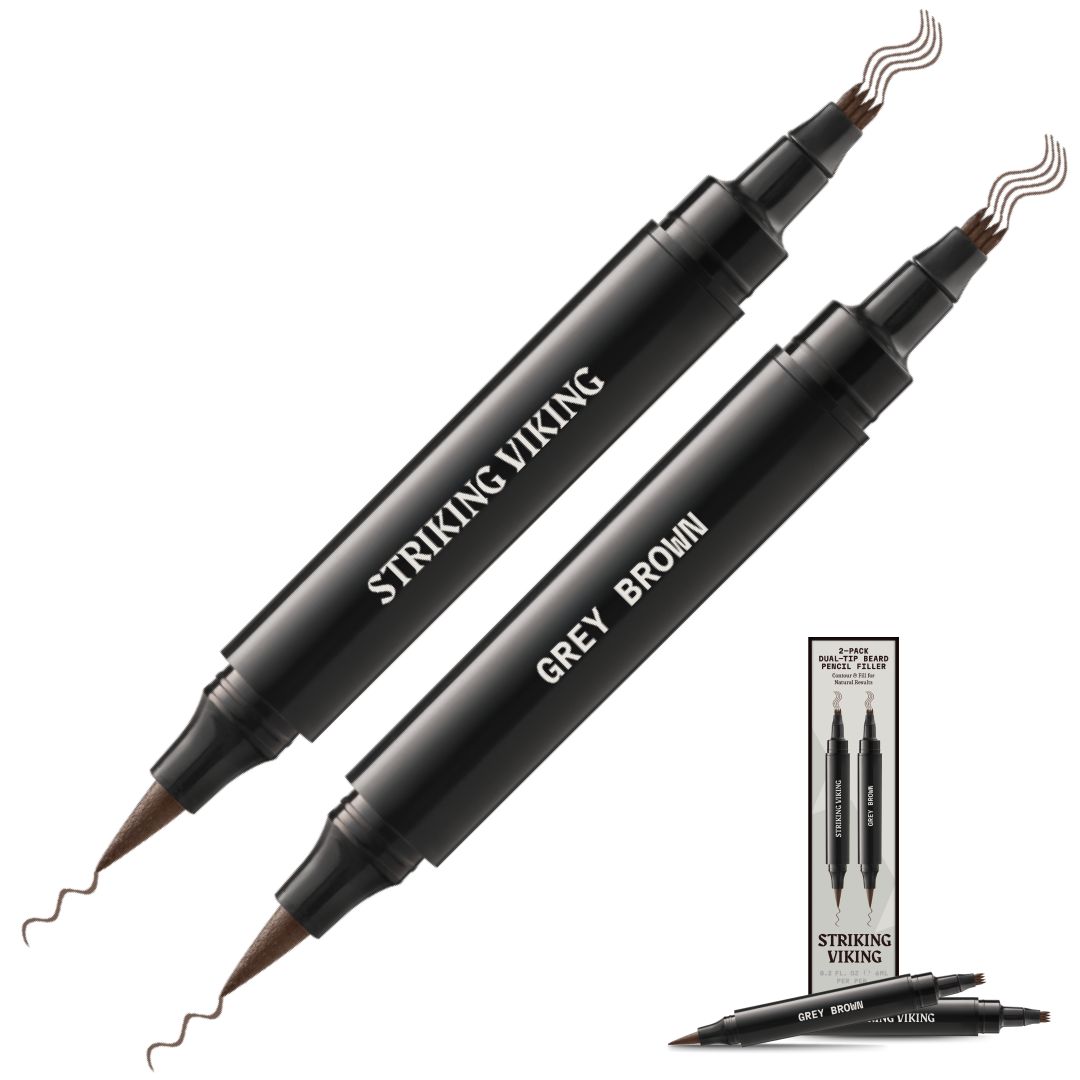 Zwei graue Stifte mit Doppelspitze. Aufschrift "STRIKING VIKING" und "GREY BROWN". Verpackung mit Produktabbildung.