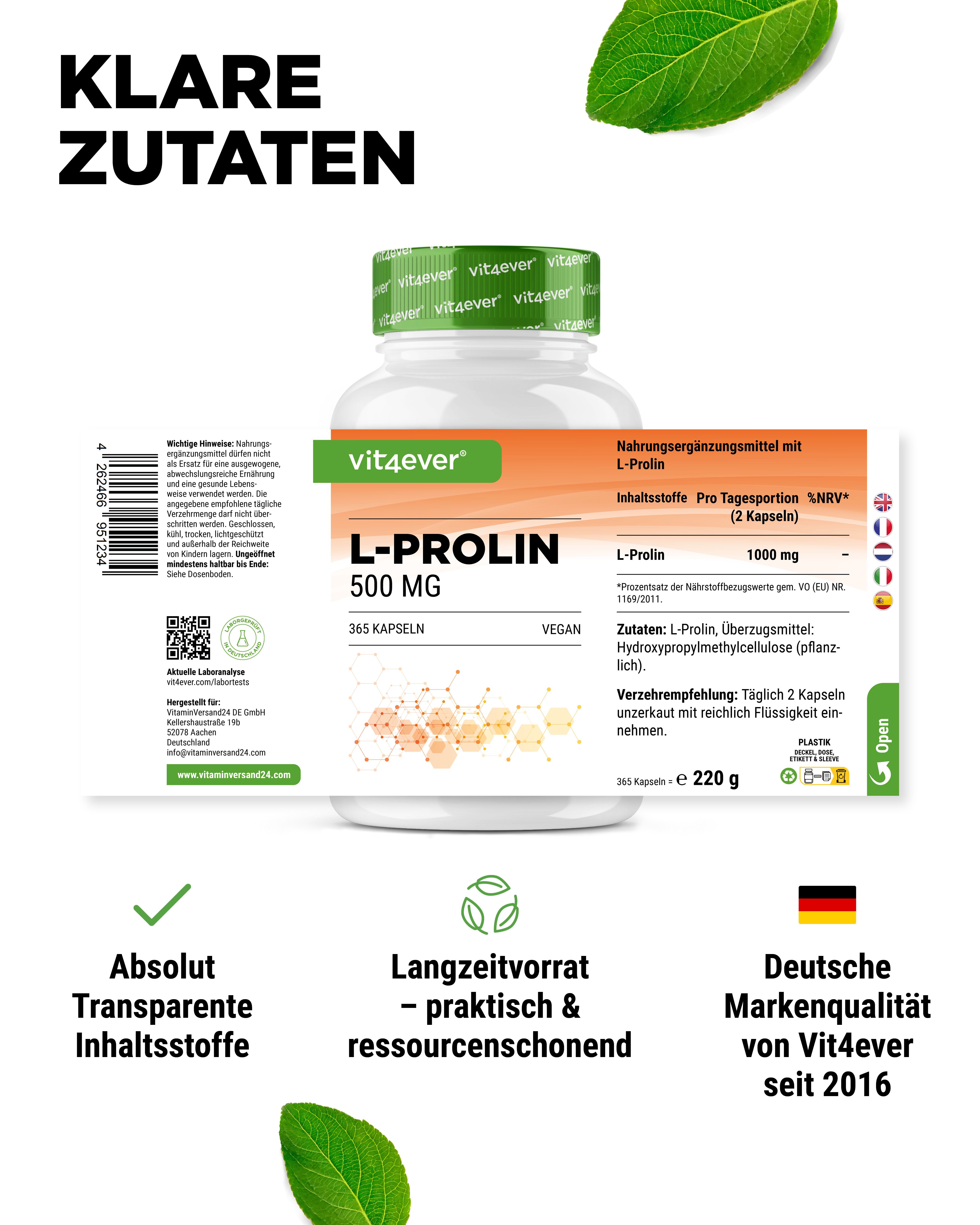 Vit4ever L-Prolin, 365 Kapseln. Flasche mit Kapseln, Text: L-Prolin 500 mg, vegan. Etikett mit Nährwertangaben. Deutsche Markenqualität.