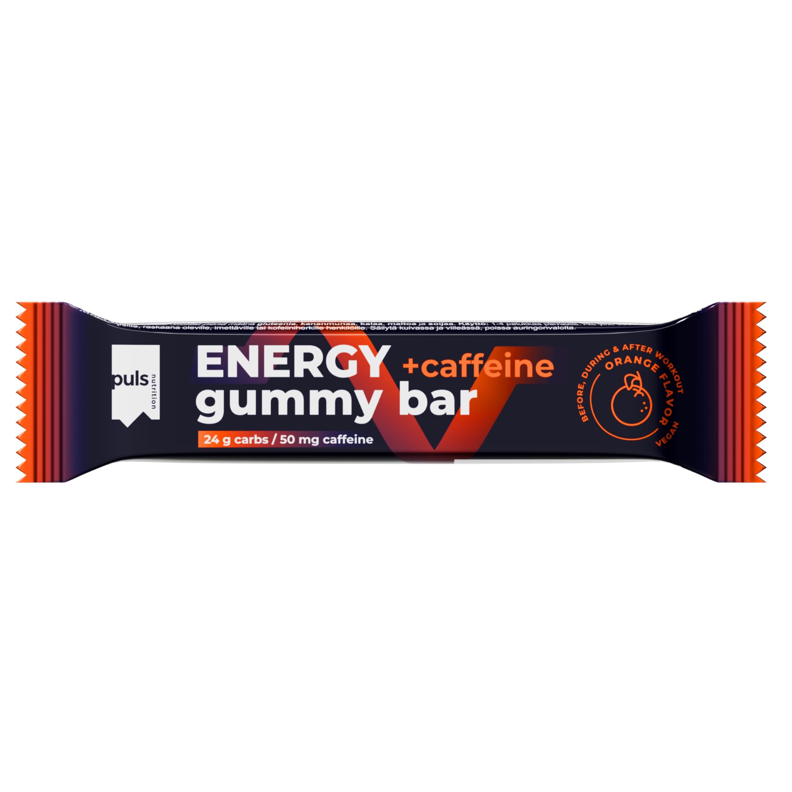 Puls Energy Gummy Bar mit Koffein, Orangengeschmack. 30g Kohlenhydrate, 50mg Koffein.