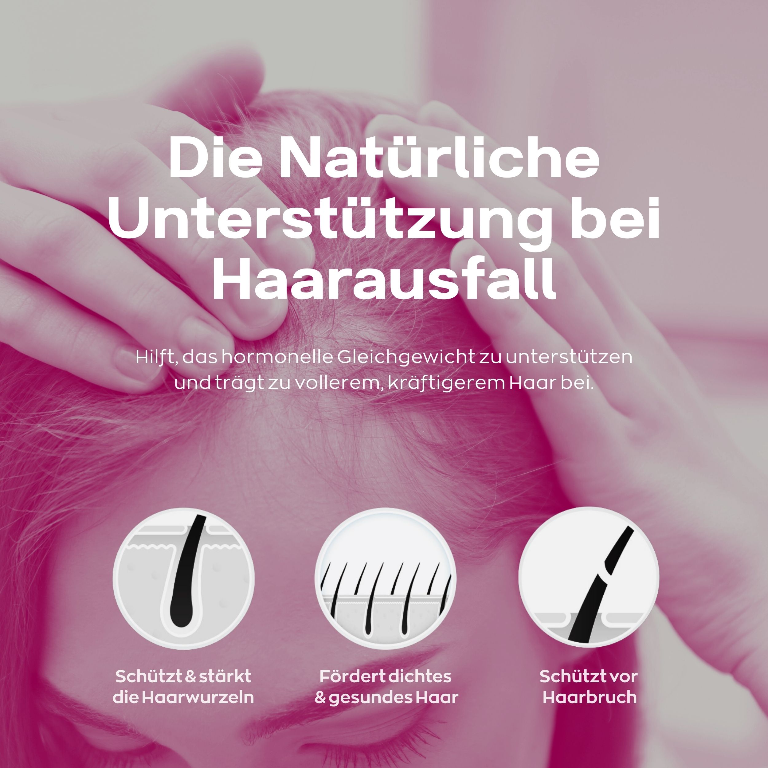Text: Die Natürliche Unterstützung bei Haarausfall. Schützt & stärkt die Haarwurzeln, fördert dichtes Haar, schützt vor Haarbruch.