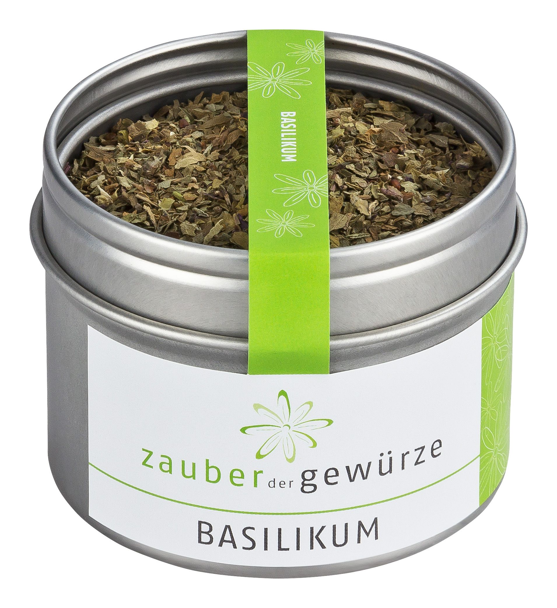 Runde Dose mit getrocknetem Basilikum. Grün-weißes Etikett mit Schriftzug 'Zauber der Gewürze' und 'Basilikum'.
