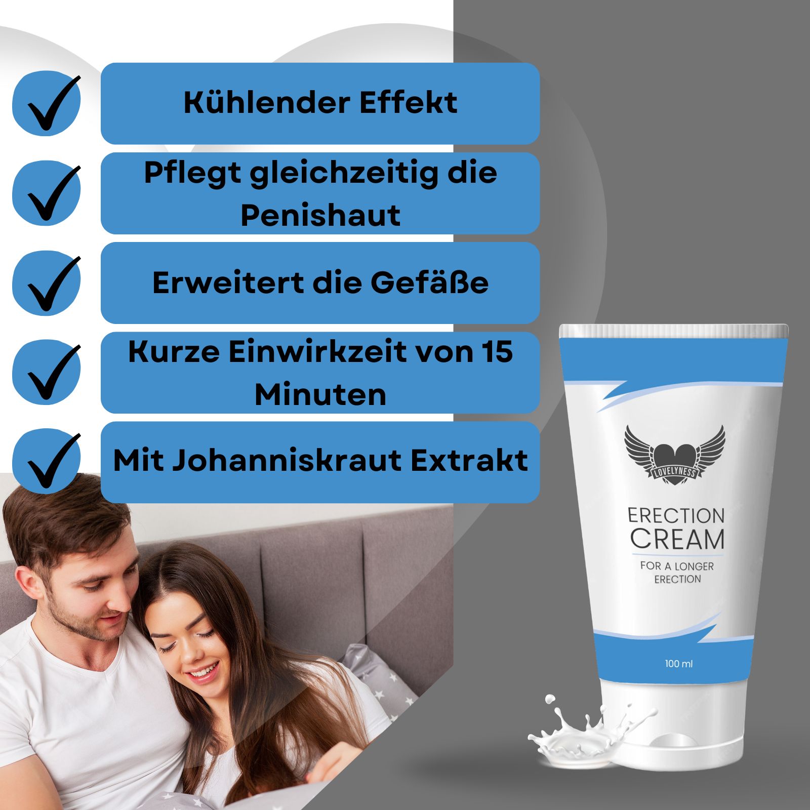 Creme-Tube mit blauer Markierung. Text: Erection Cream. Aufschrift: For a longer erection. Hintergrund: Paar.