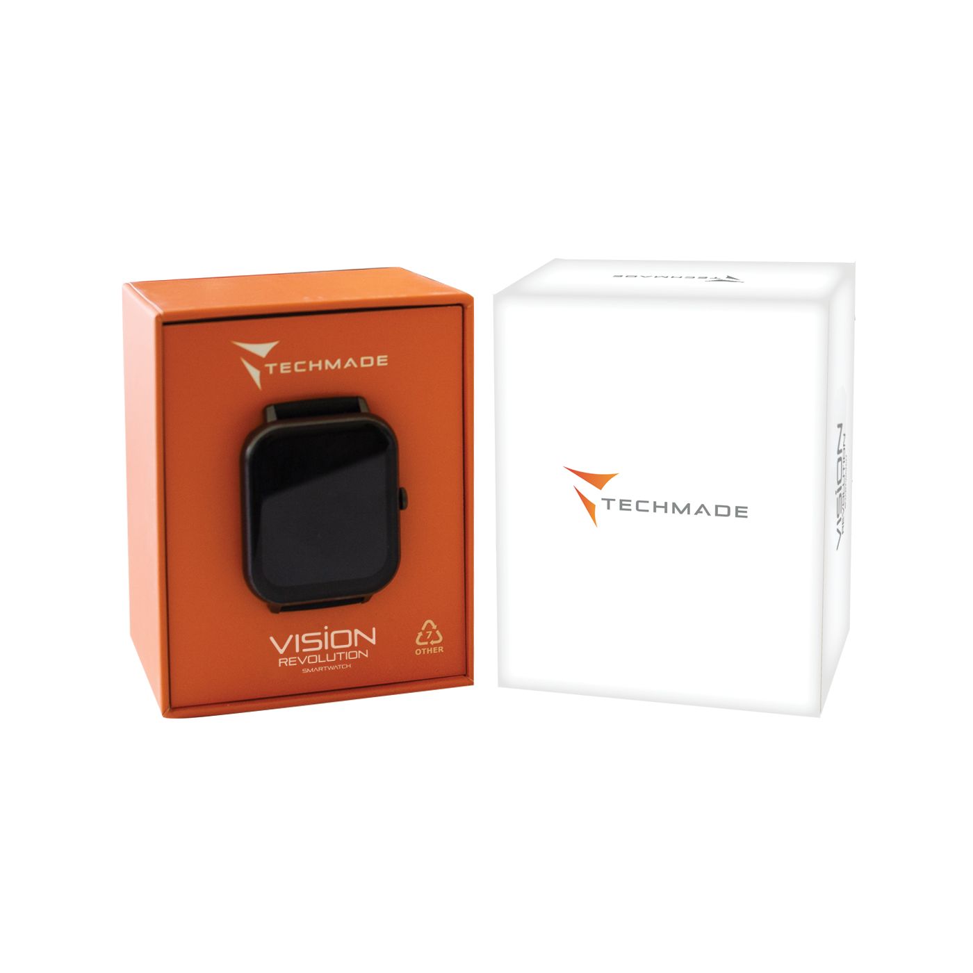 Due confezioni dello smartwatch Techmade Vision Revolution. Una scatola arancione con l'orologio e una scatola bianca con il logo Techmade. L'orologio ha un quadrante quadrato con un cinturino nero.