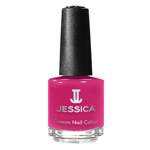 Flasche Nagellack. Pinkfarbener Lack, schwarzer Deckel. Aufschrift: JESSICA Custom Nail Colour.
