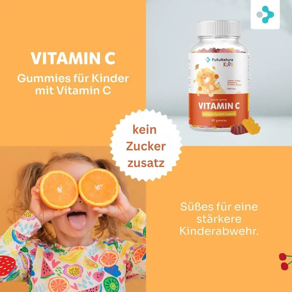 Kind mit Orangen vor den Augen. Flasche Vitamin C Gummibärchen. Aufschrift: Vitamin C Gummies für Kinder. Kein Zuckerzusatz.