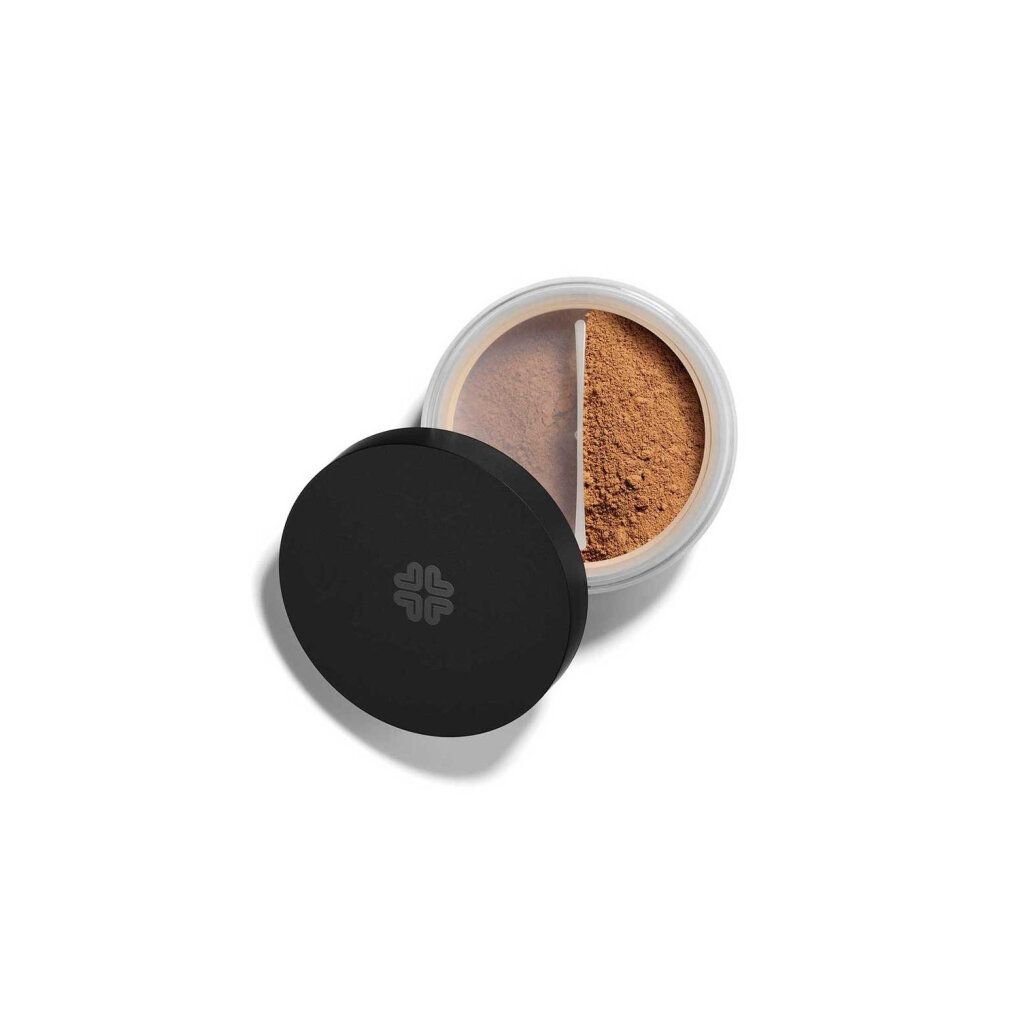 Offene Dose mit zwei Farbtönen Mineral-Make-up. Schwarzer Deckel mit Logo daneben.