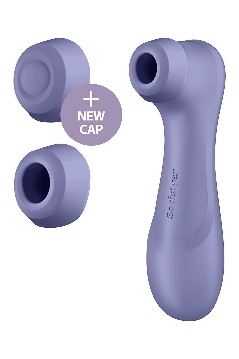 Lila Satisfyer Pro 2 Vibrator mit zwei zusätzlichen Kappen. Eine Kappe ist mit "+ NEW CAP" gekennzeichnet.