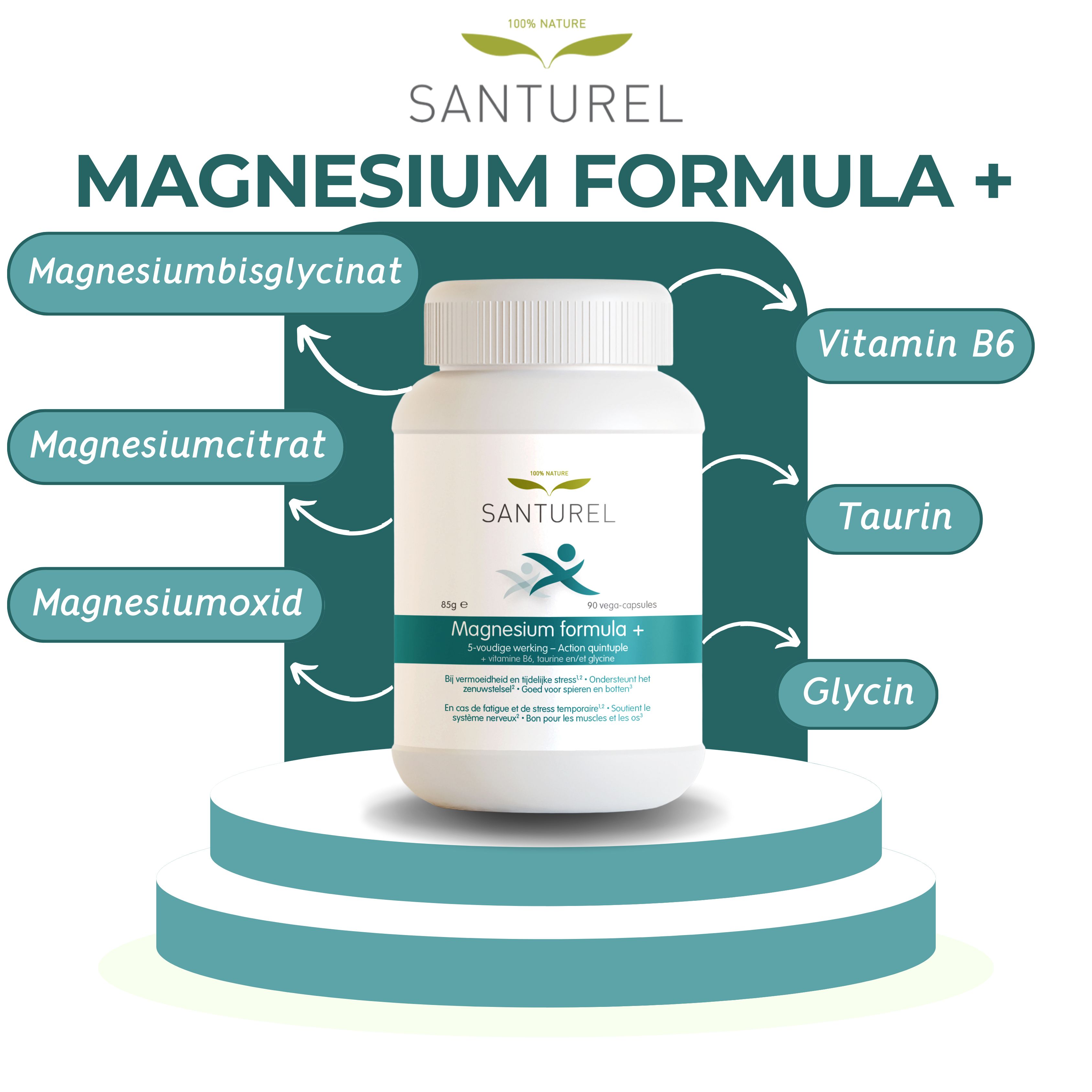 Produktabbildung mit SANTUREL Magnesiumformel +. Beschriftungen: Magnesiumbisglycinat, Magnesiumcitrat, Magnesiumoxid, Vitamin B6, Taurin, Glycin.