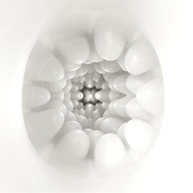 Nahaufnahme der inneren Struktur eines weißen Masturbators. Noppen und Rippen bilden eine spiralförmige Anordnung.