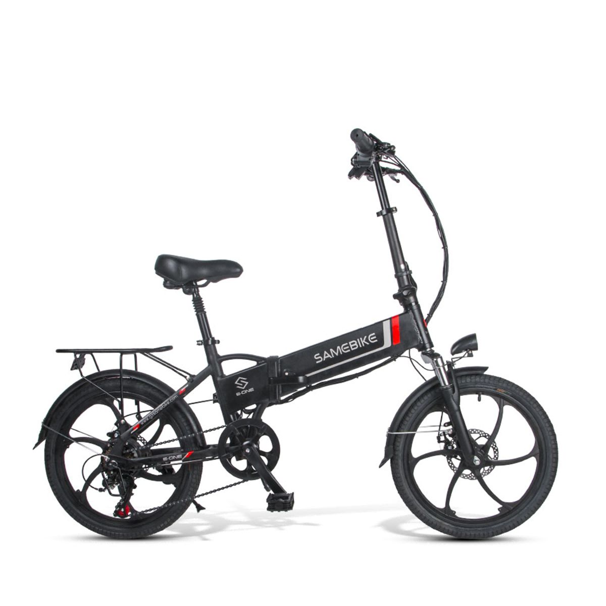 Schwarzes Elektrofahrrad SAMEBIKE 20LVXD30. Sichtbar: Rahmen, Räder, Sattel, Gepäckträger, Scheinwerfer, Bremsen.