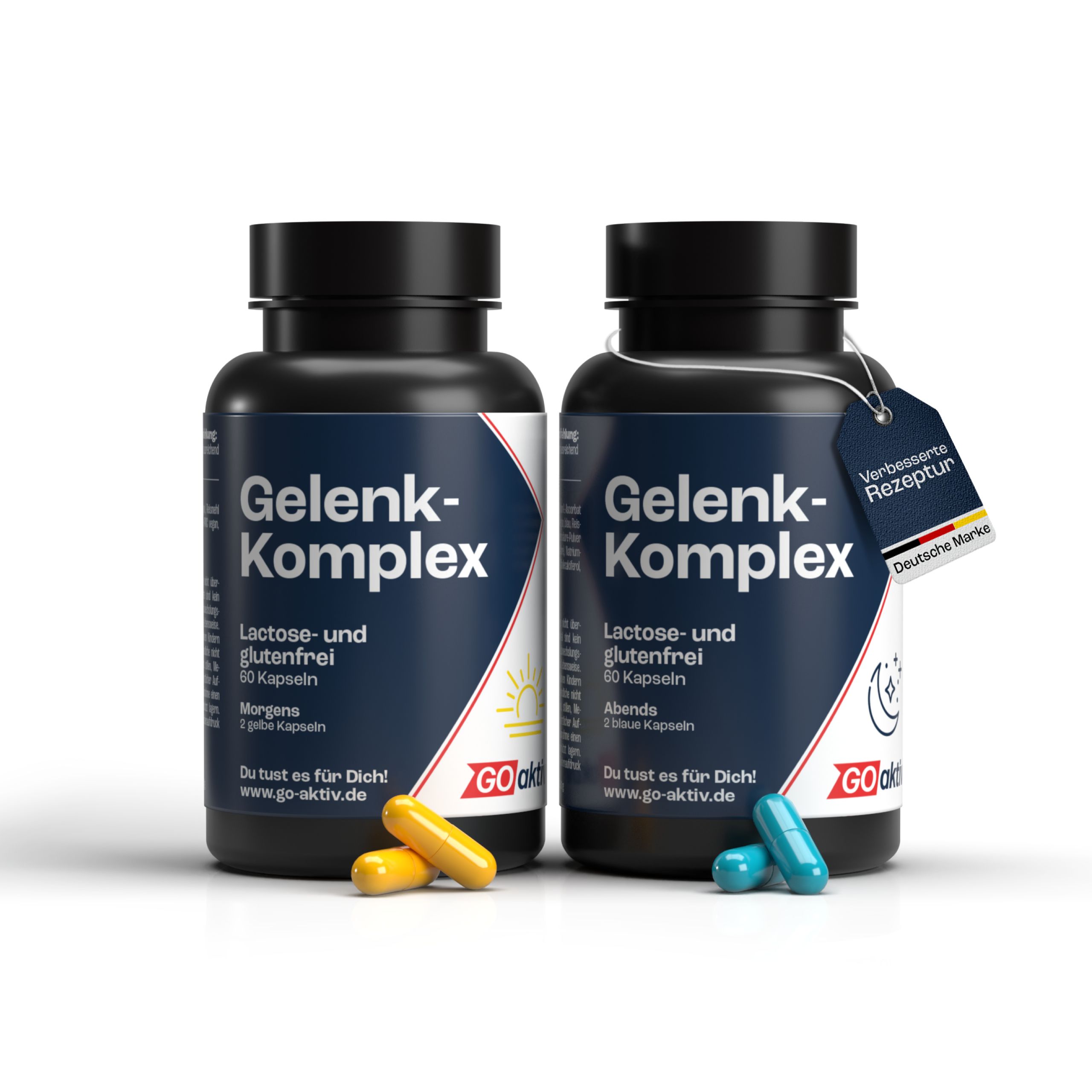 Zwei Flaschen GOaktiv® Gelenk-Komplex. Schwarze Flaschen, blaue und gelbe Kapseln. Deutsche Marke. Verbesserte Rezeptur.