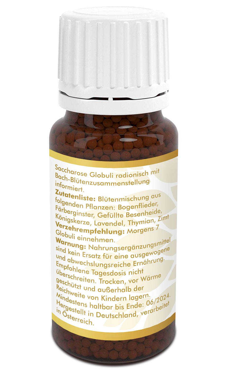 Braune Globuli in einer braunen Glasflasche mit weißem Deckel. Aufschrift in Deutsch: Zutatenliste, Warnung, Mindestens haltbar bis Ende 06/2024.