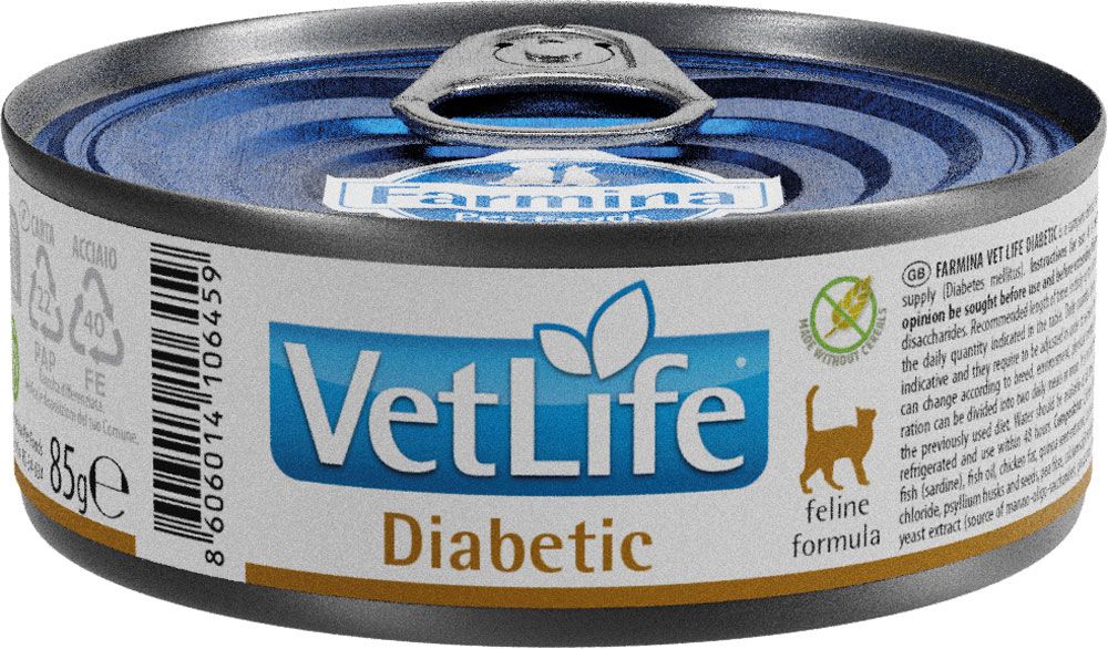 Dose "Vet Life Diabetic" mit blauem Deckel, silbernem Rand. Etikett mit Logo, Text und Katze. 85g.