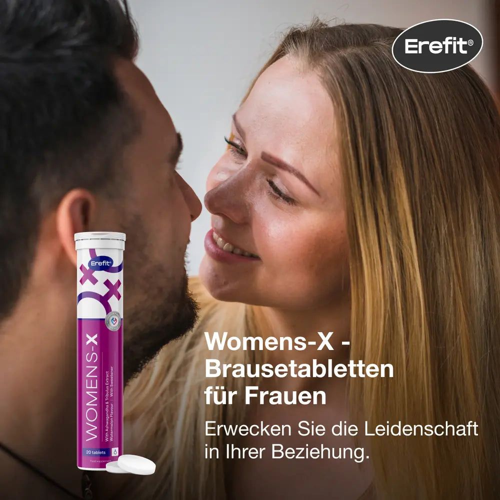 Produktverpackung "Erefit Womens-X". Paar im Hintergrund. 20 Brausetabletten.