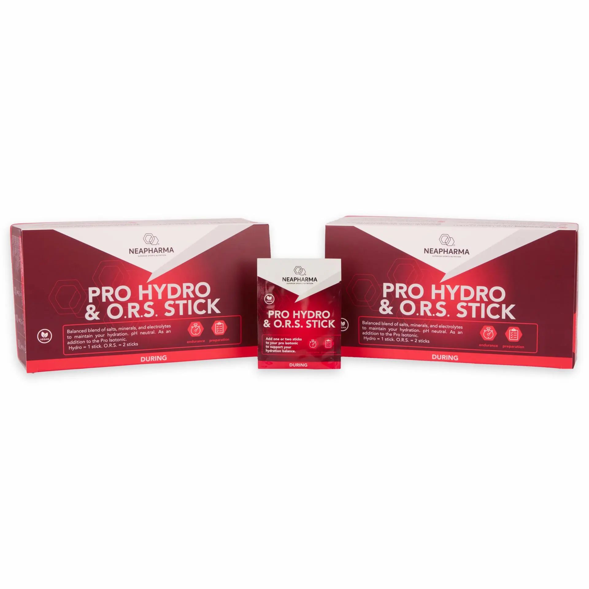 Verpackungen mit roter und weißer Aufschrift: PRO HYDRO & O.R.S. STICK. Marke: NEAPHARMA. Eine kleine Packung daneben.