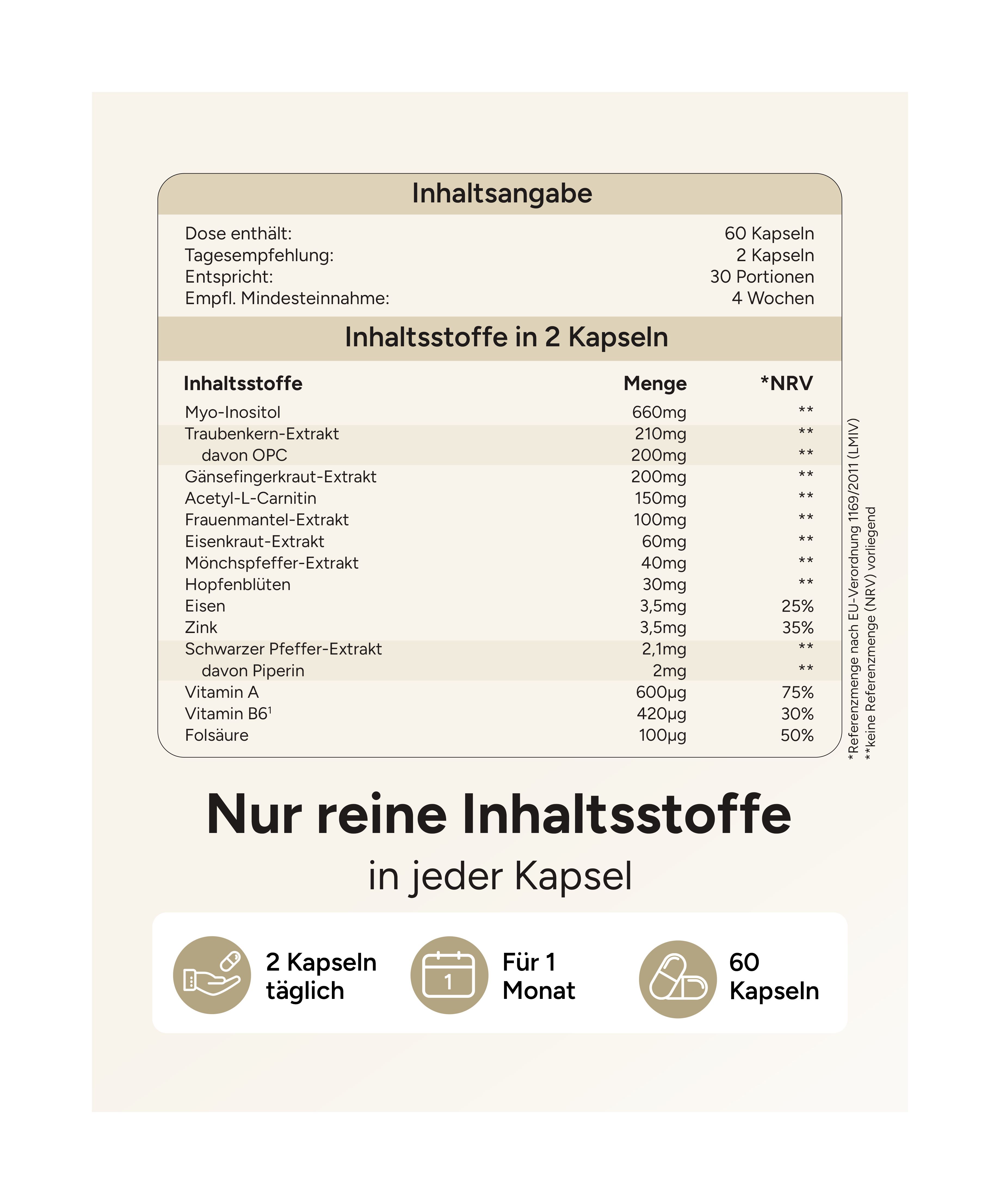 Inhaltsangabe: 60 Kapseln, 2 Kapseln täglich, für 1 Monat. Inhaltsstoffe: Myo-Inositol, Traubenkern-Extrakt, Gänsefingerkraut-Extrakt, u.a.