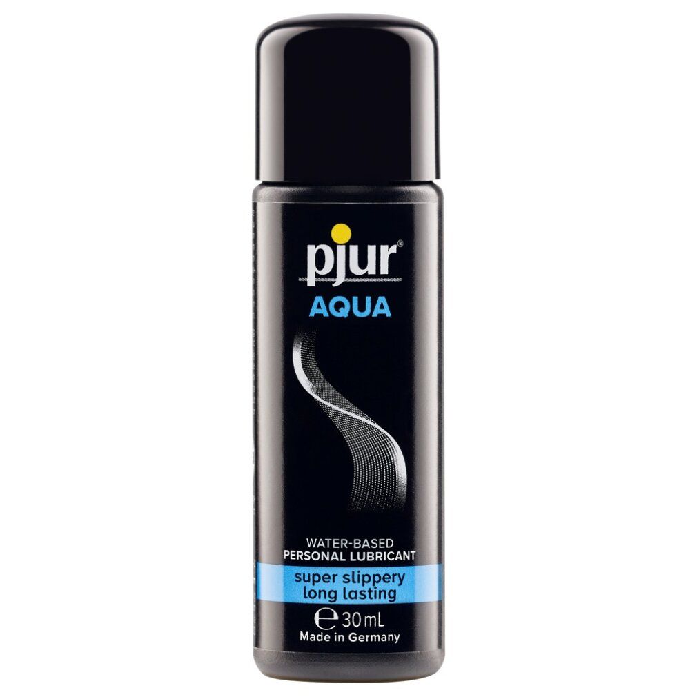 Schwarze Flasche mit schwarzem Deckel. Aufschrift: pjur AQUA, Wasserbasiertes Gleitmittel, super glatt, langanhaltend. Made in Germany.