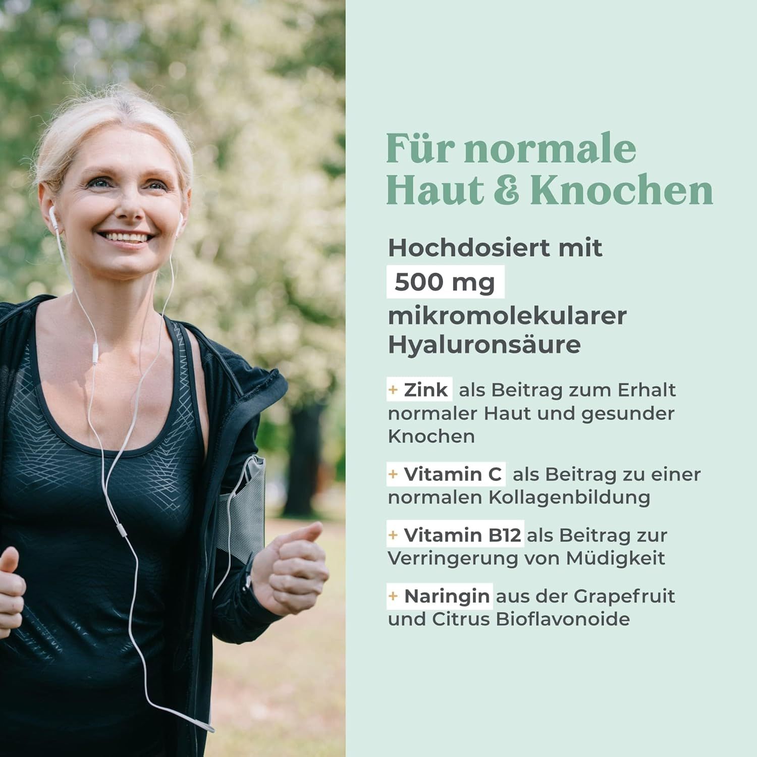 Läuferin mit Kopfhörern, daneben Text über Cosphera Hyaluronsäure für Haut und Knochen.